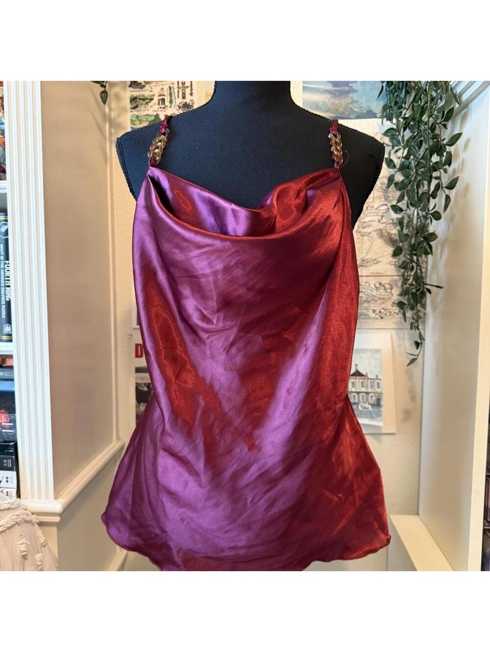 Vintage Y2K Nicole Miller Burgundy Satin Cowl Neck Chain Strap Camisole